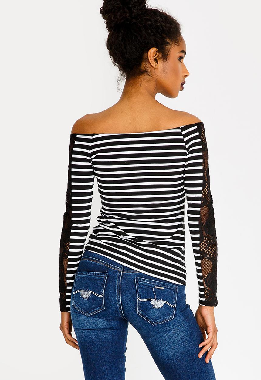 SISSY BOY - Stripe Bardot Top Black and Grey