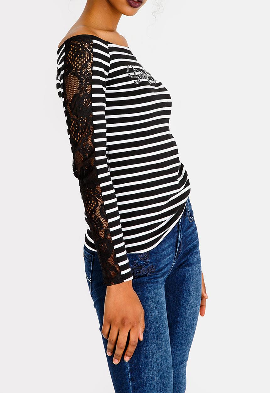 SISSY BOY - Stripe Bardot Top Black and Grey