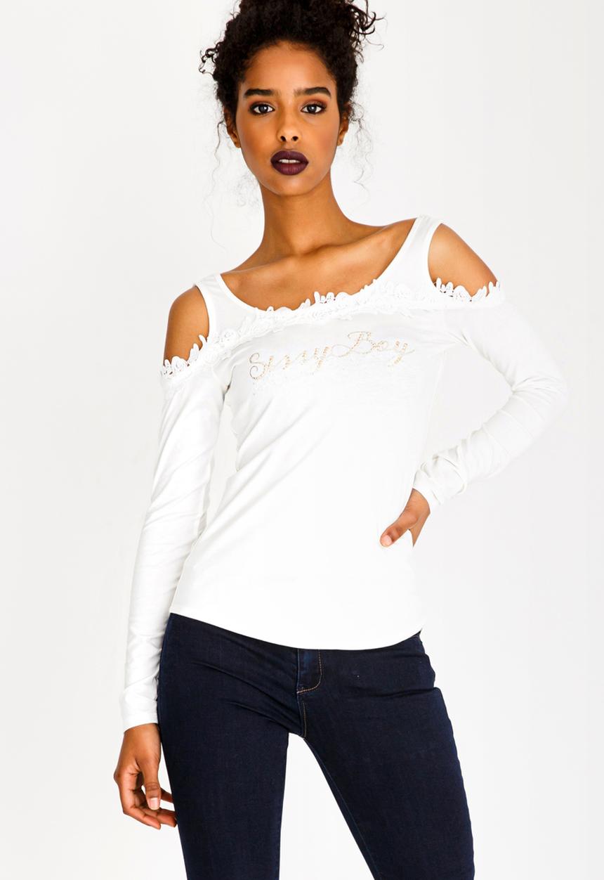 SISSY BOY - Crochet Detail Cold Shoulder Top Off White
