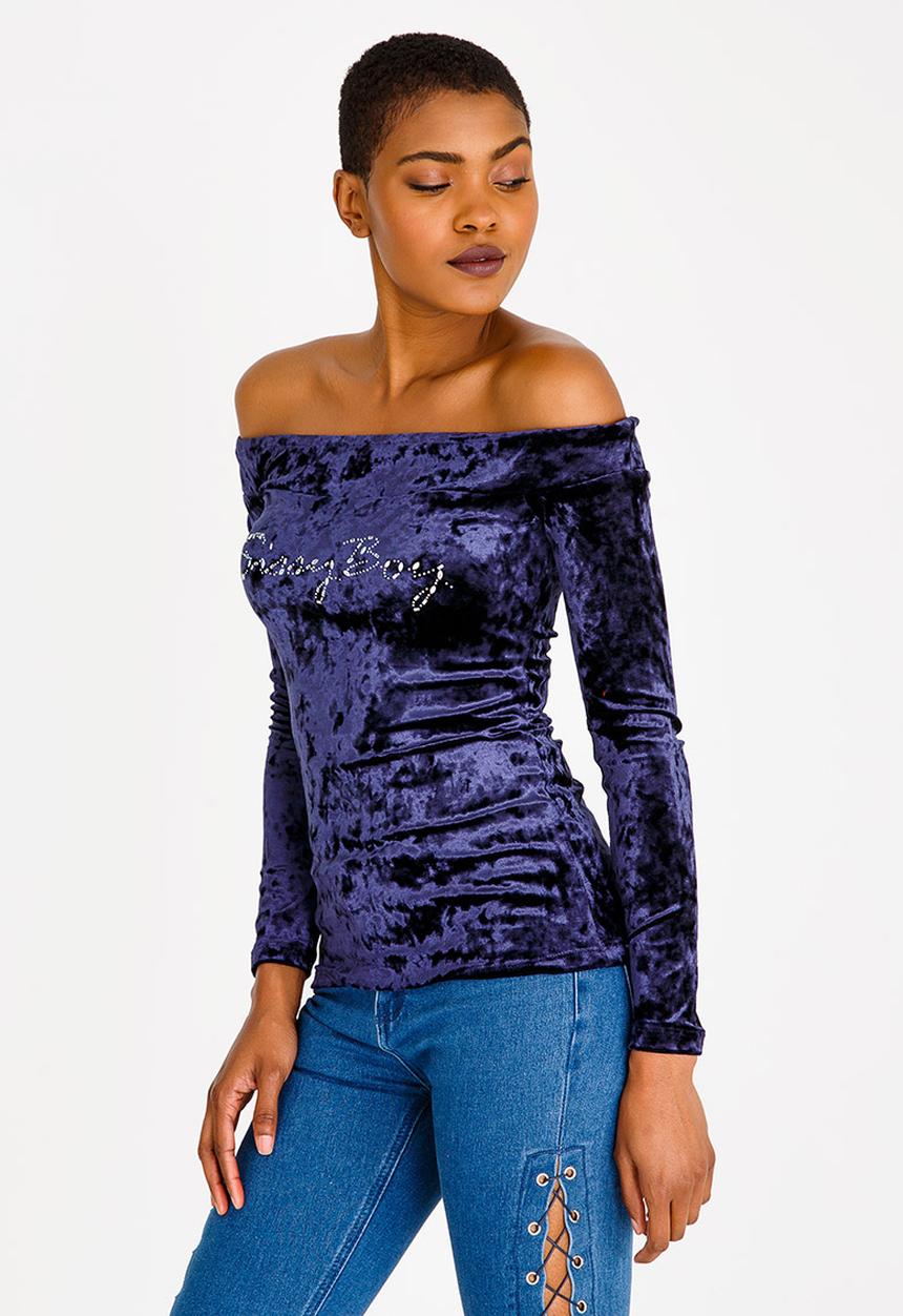 SISSY BOY - Jola Velvet Bardot Top Navy