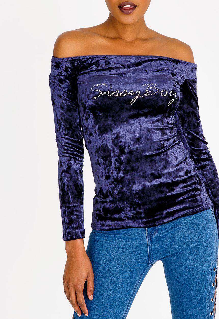 SISSY BOY - Jola Velvet Bardot Top Navy