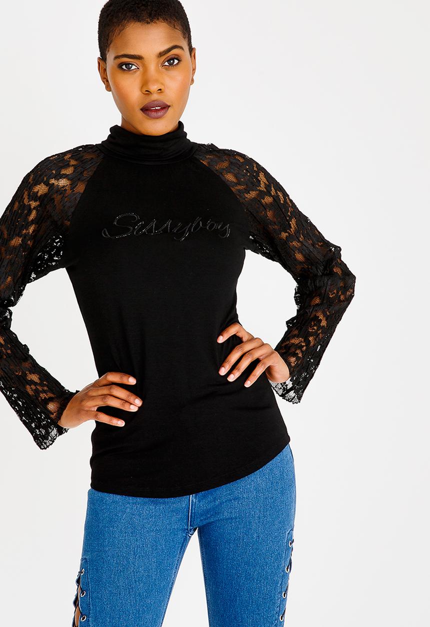 SISSY BOY - Polo Neck with Lace Detail Black