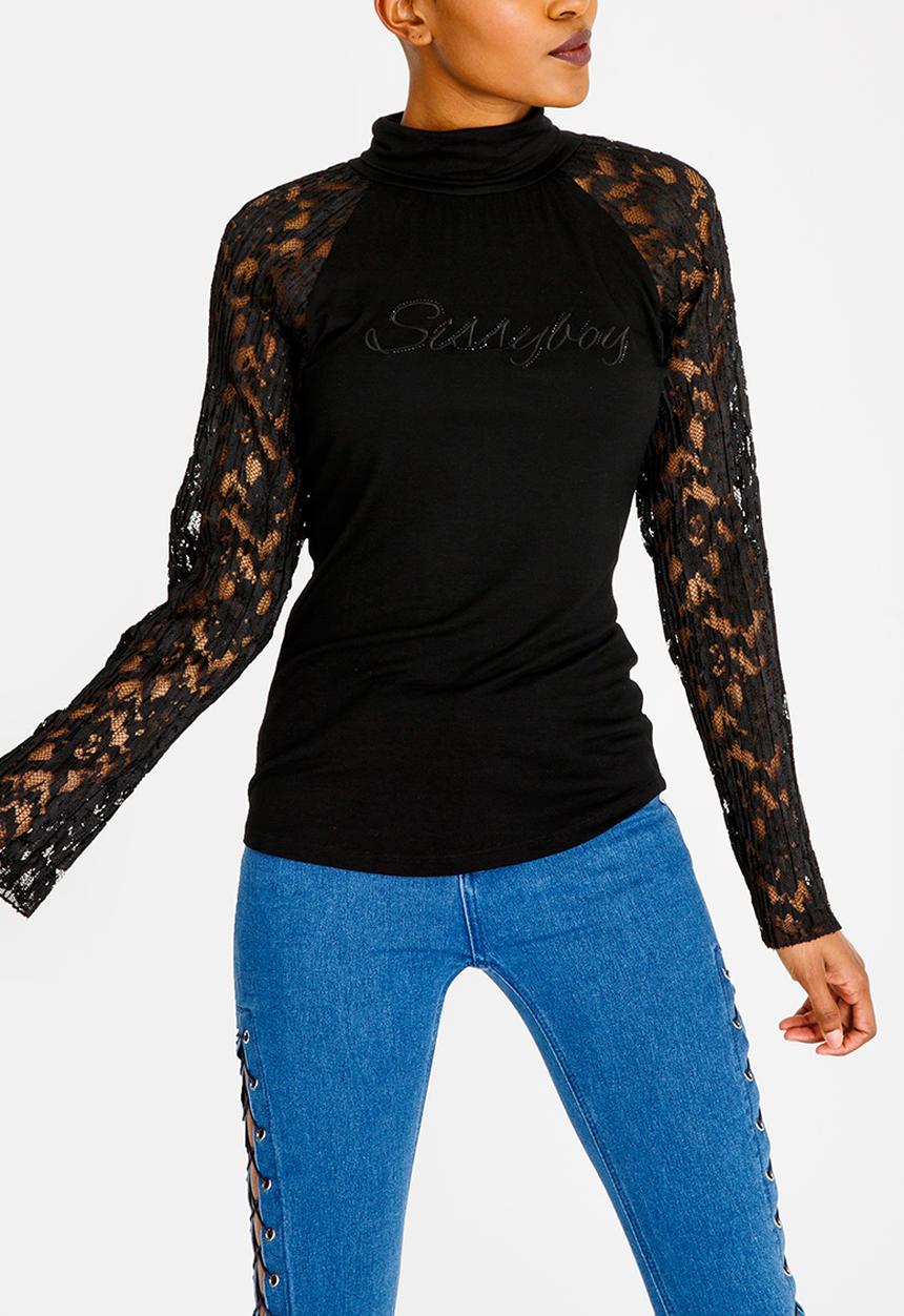 SISSY BOY - Polo Neck with Lace Detail Black