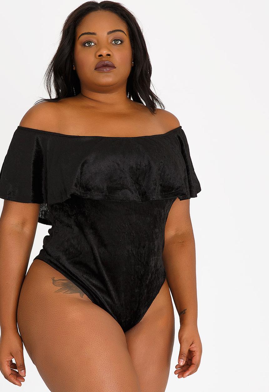 Curvaceous Me - Velour Off-the-shoulder Bodysuit Black