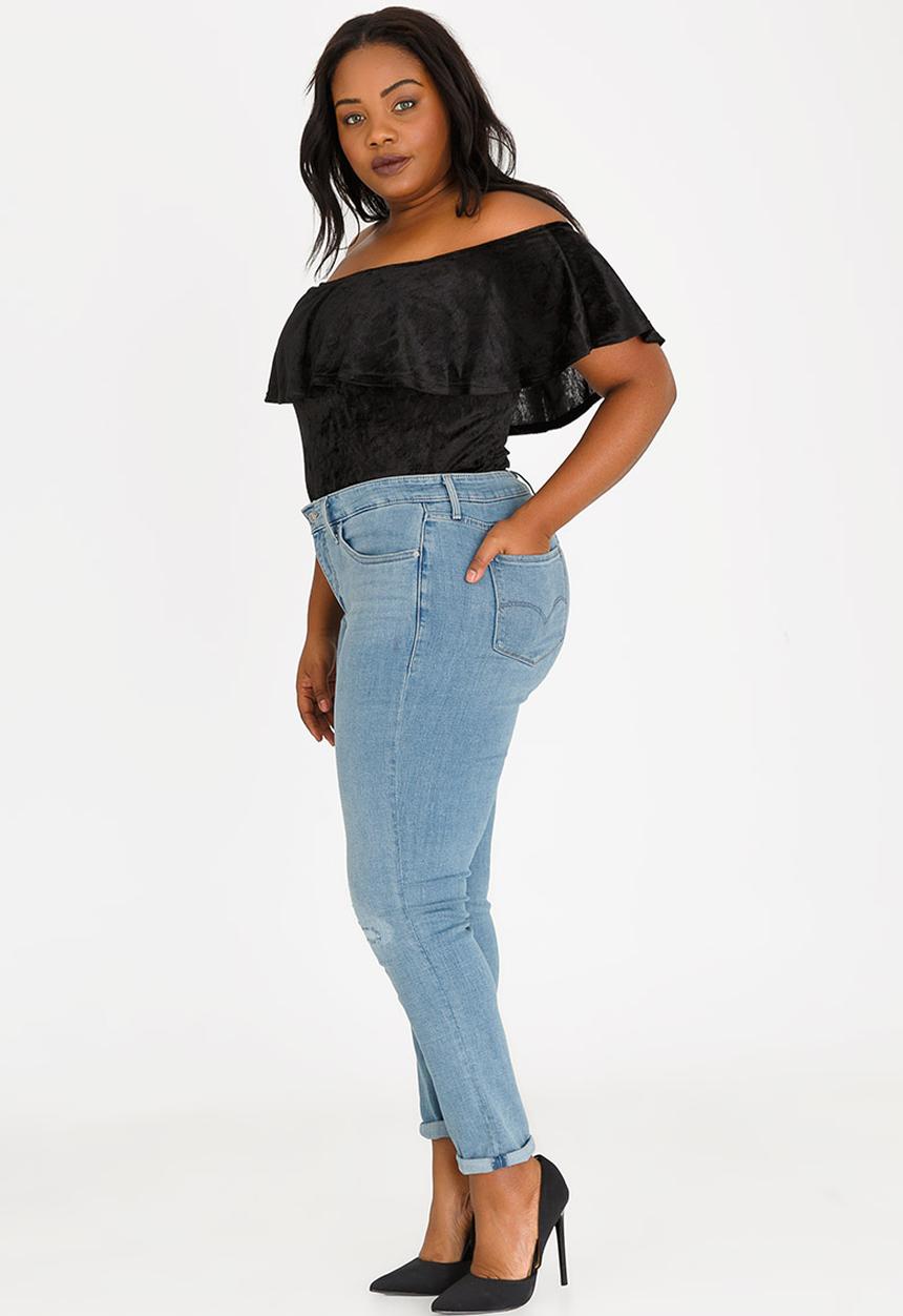 Curvaceous Me - Velour Off-the-shoulder Bodysuit Black