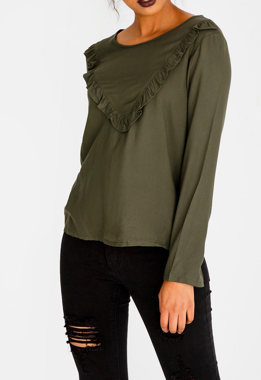 c(inch) - Frill Detail Blouse Khaki Green