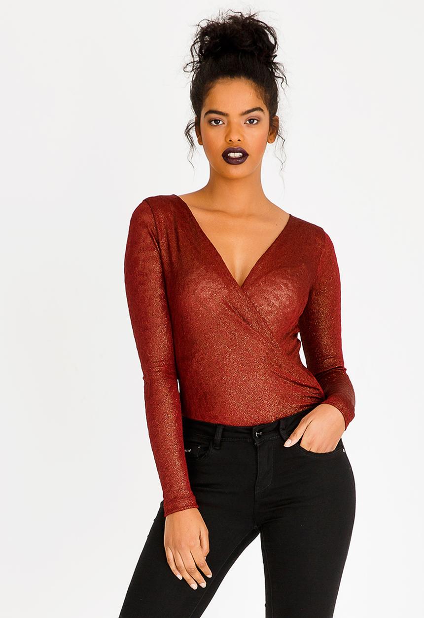 SISSY BOY - Wrap Detail Bodysuit Burgundy