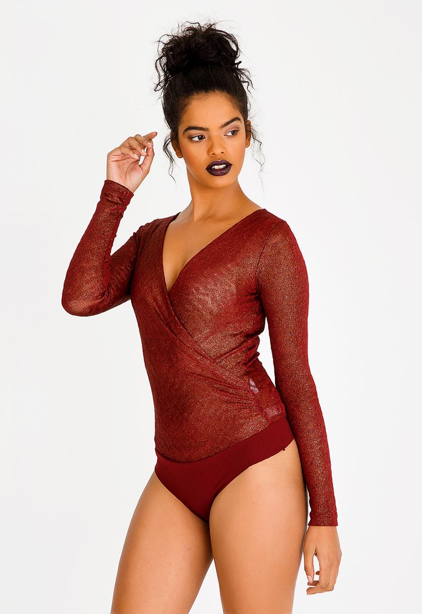 SISSY BOY - Wrap Detail Bodysuit Burgundy