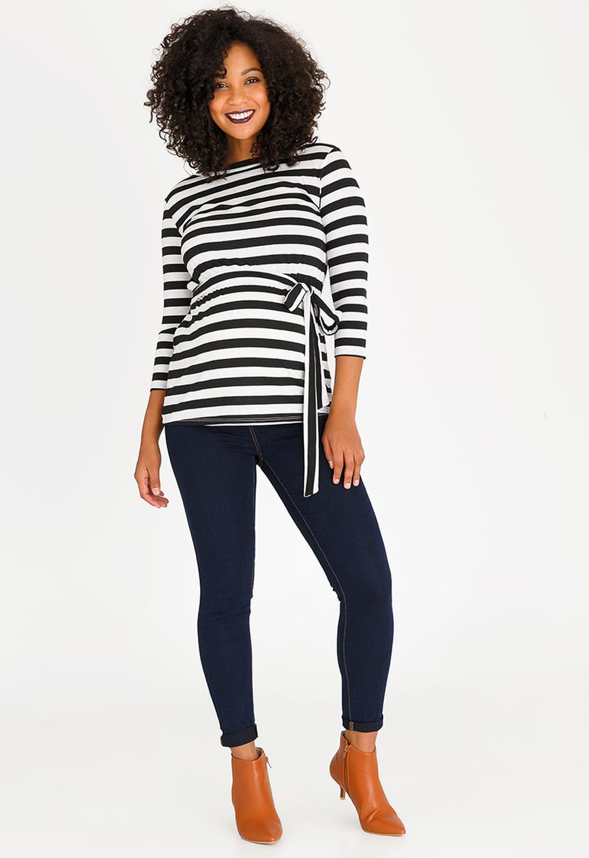 edit Maternity - Front Tie Belted Top Black and White