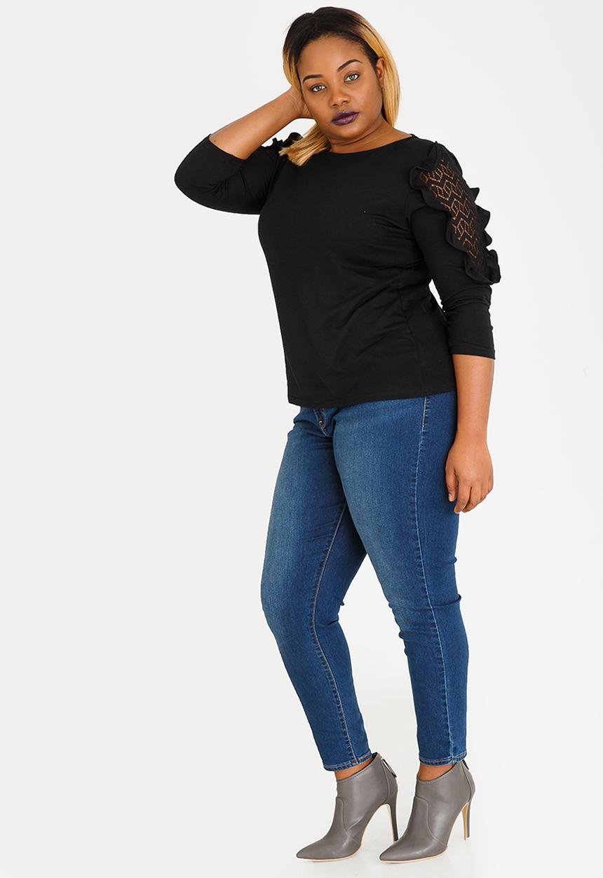 edit Plus - Frill Sleeve Detail Top Black