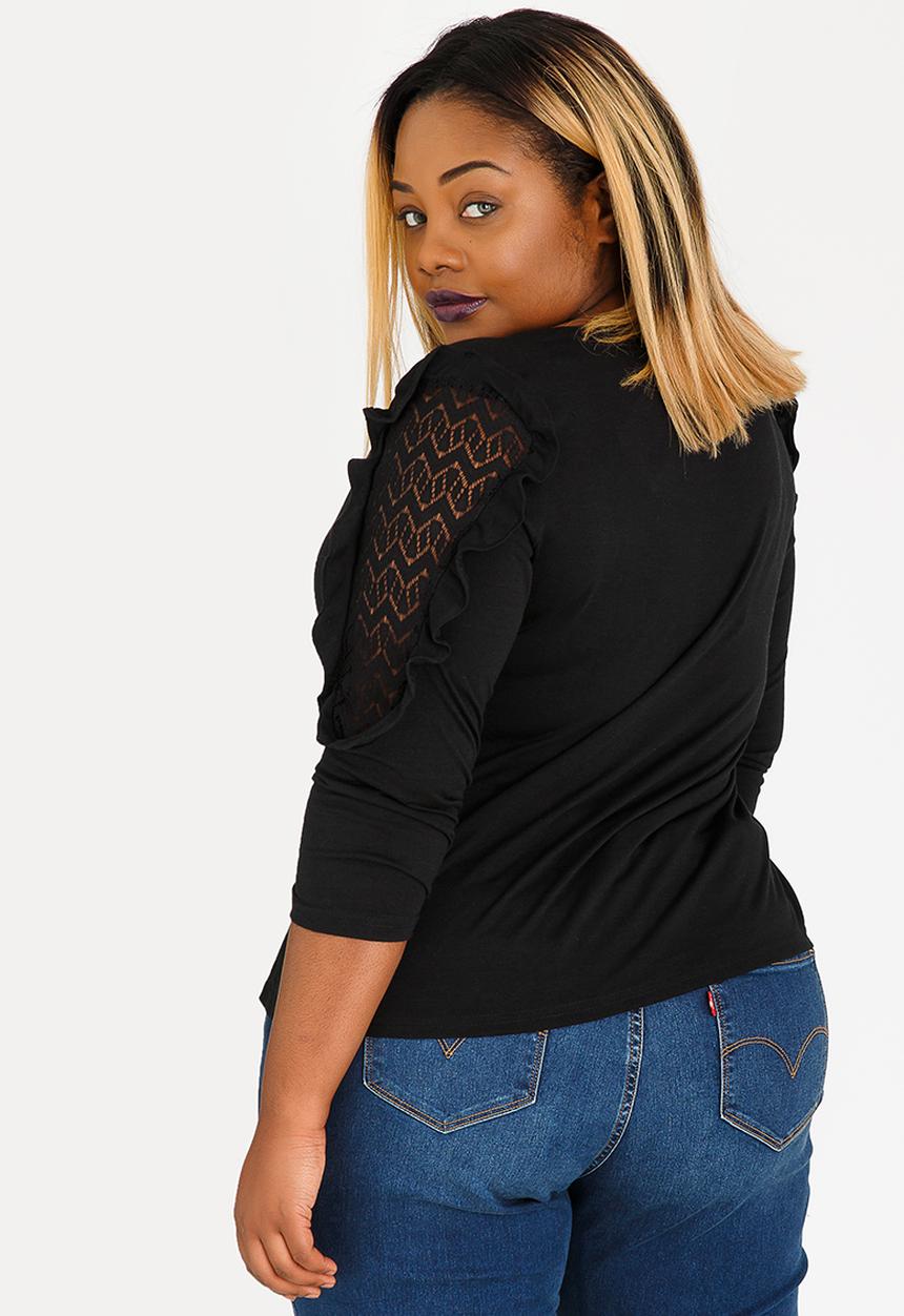 edit Plus - Frill Sleeve Detail Top Black