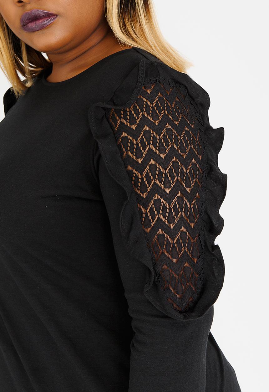 edit Plus - Frill Sleeve Detail Top Black