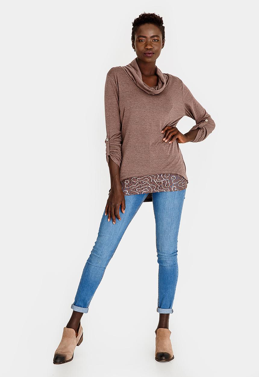 G Couture - Cowl-neck Top with Lace Hem Brown