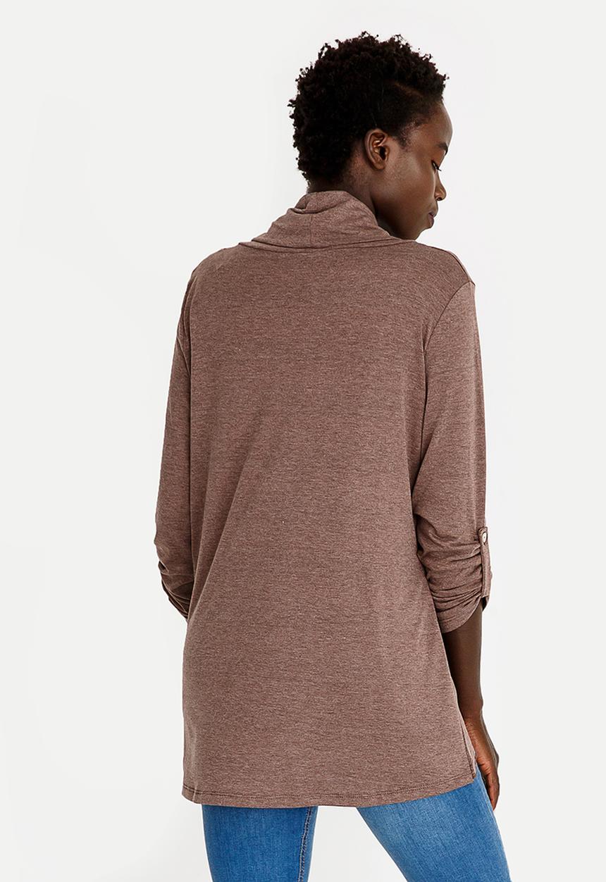 G Couture - Cowl-neck Top with Lace Hem Brown