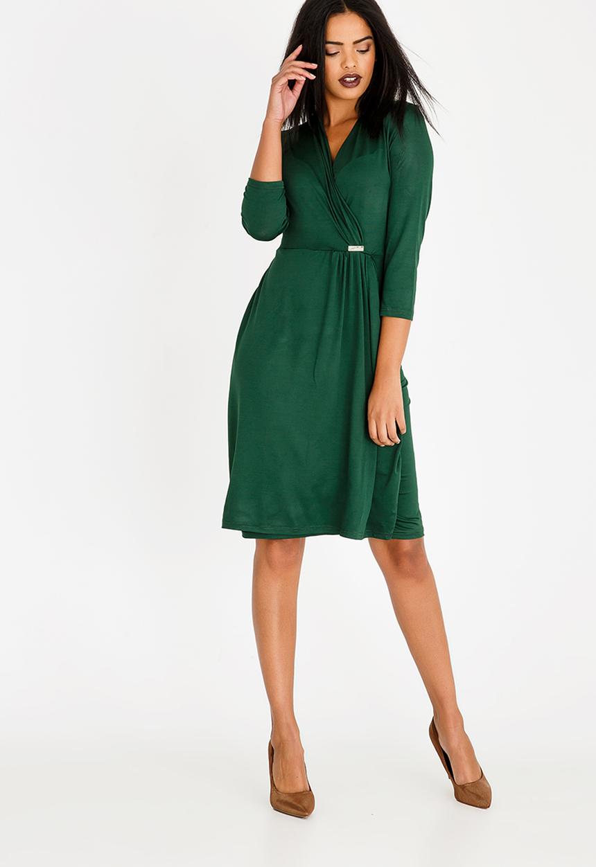 edit - Trim Detail Wrap Over Dress Dark Green
