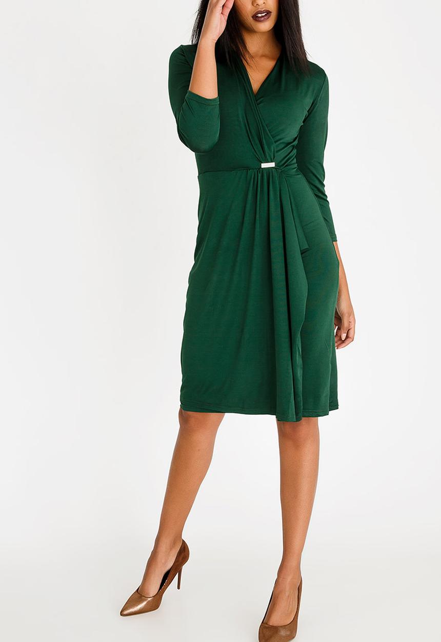 edit - Trim Detail Wrap Over Dress Dark Green