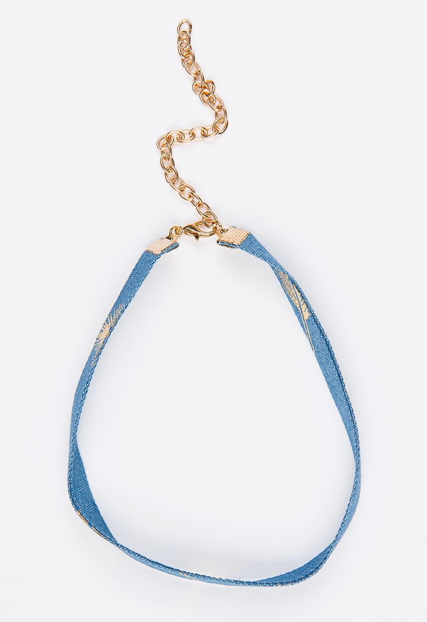 Jewels and Lace - Foil Leaf Denim Choker Blue