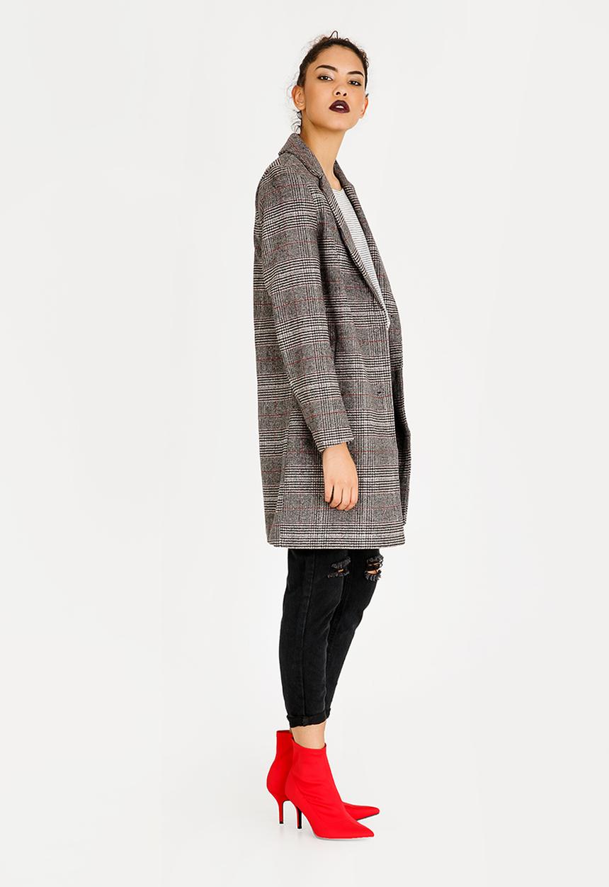 STYLE REPUBLIC - Wool-like Checked Longer Length Coat Grey