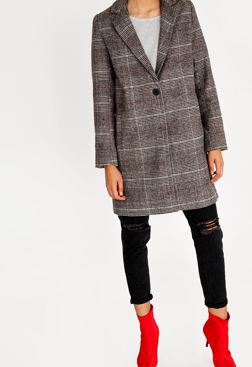 STYLE REPUBLIC - Wool-like Checked Longer Length Coat Grey