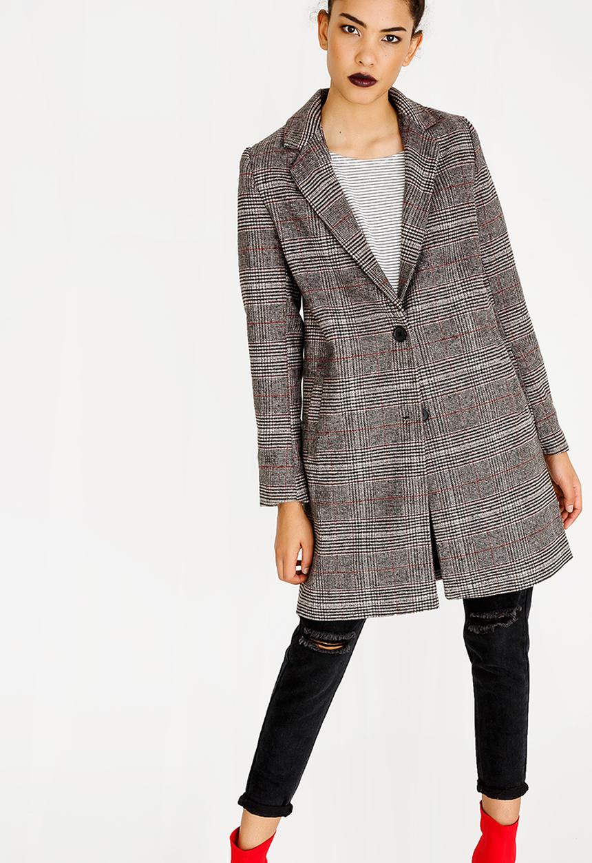 STYLE REPUBLIC - Wool-like Checked Longer Length Coat Grey