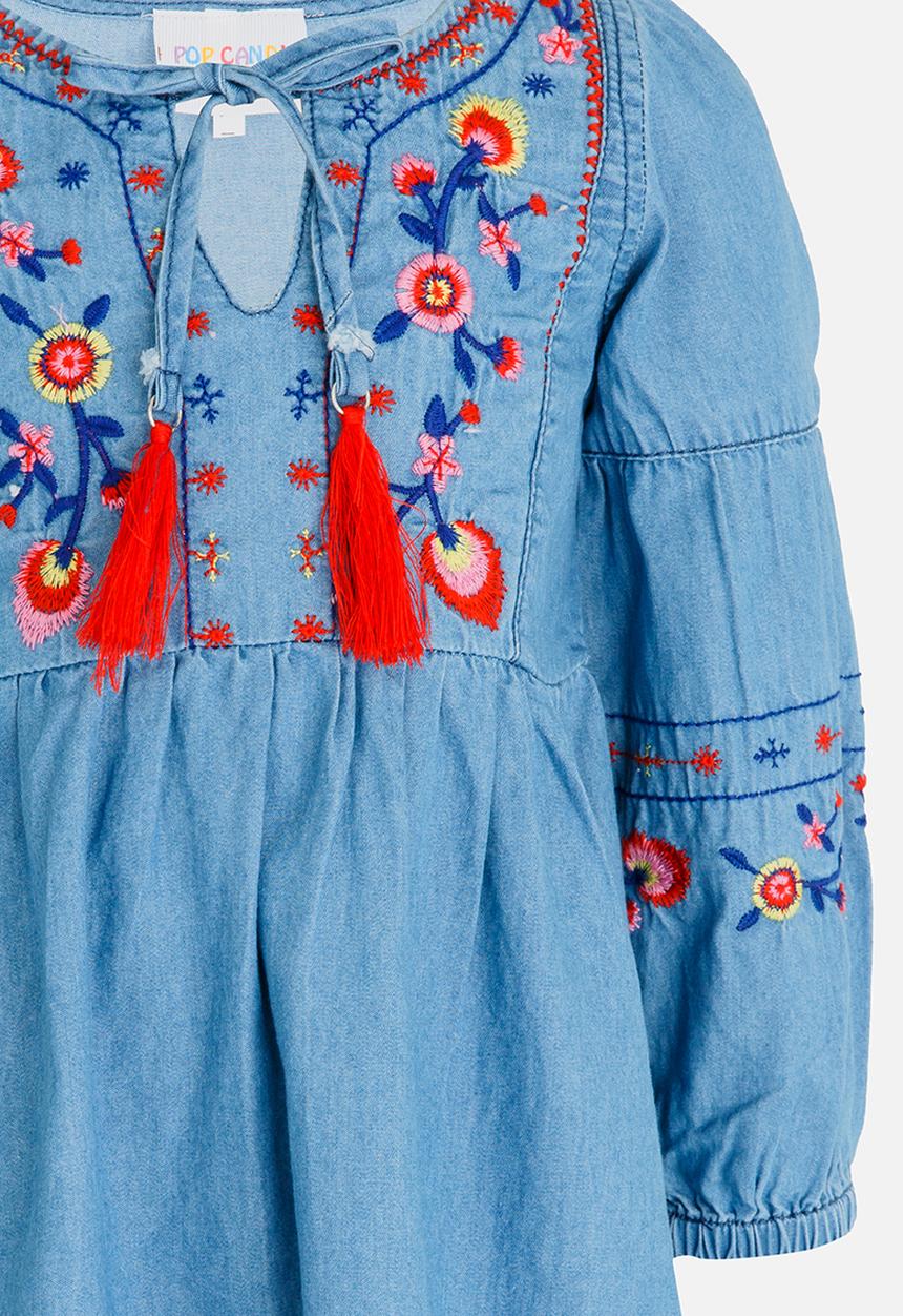 Pop Candy - Dress with Embroidery Detail Blue