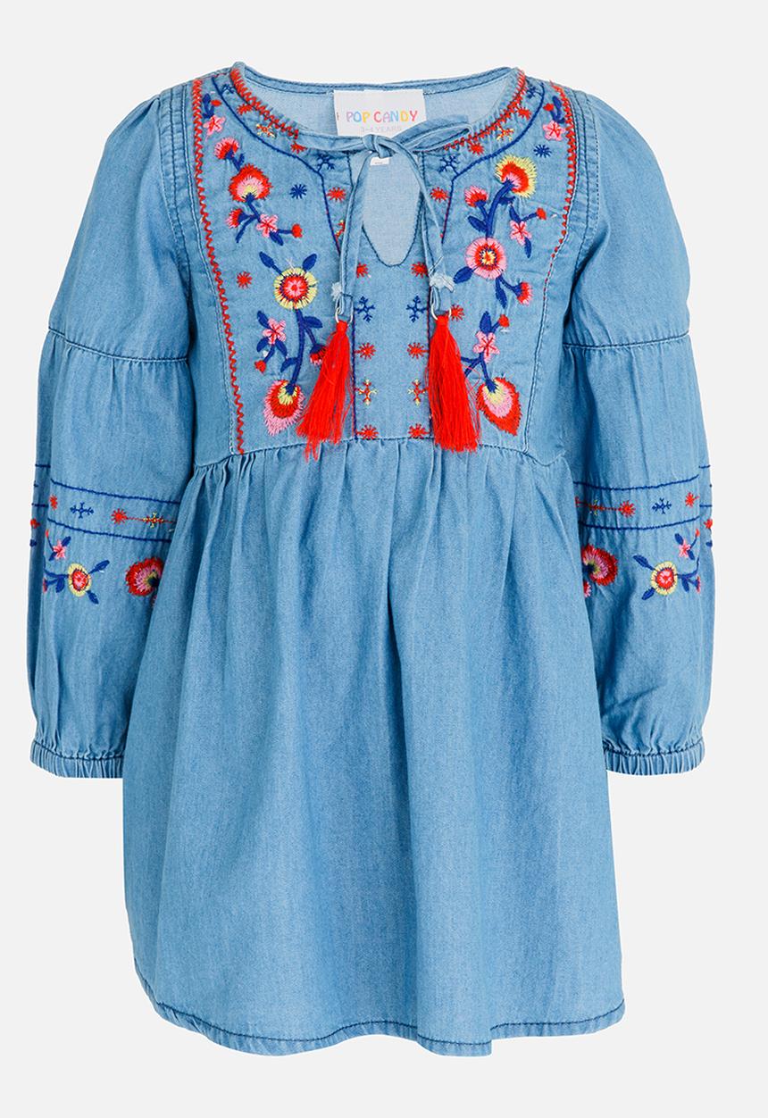 Pop Candy - Dress with Embroidery Detail Blue