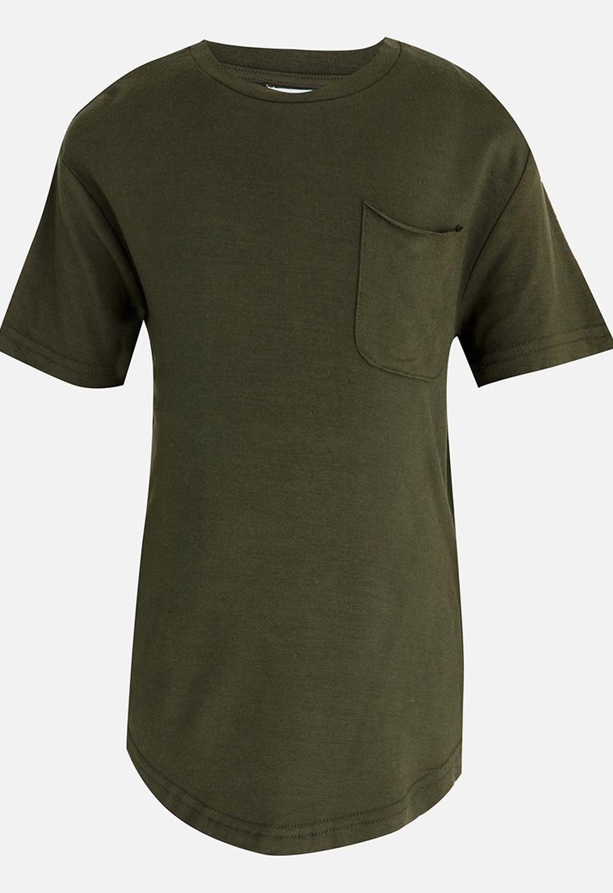 MINOTI - Longer Length Tee with Raw Edge Chest Pocket Khaki Green