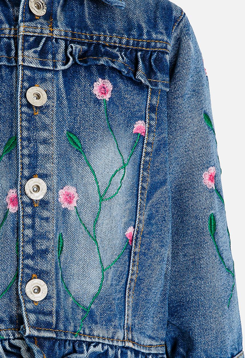 Pop Candy - Embroidered Frill Denim Jacket Navy