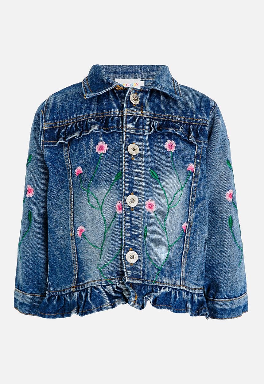 Pop Candy - Embroidered Frill Denim Jacket Navy