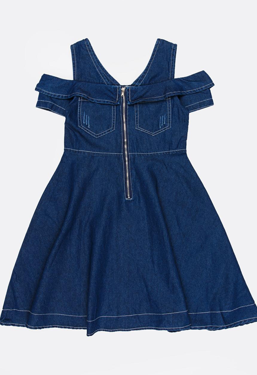 Pop Candy - Cold Shoulder Denim Dress Dark Blue