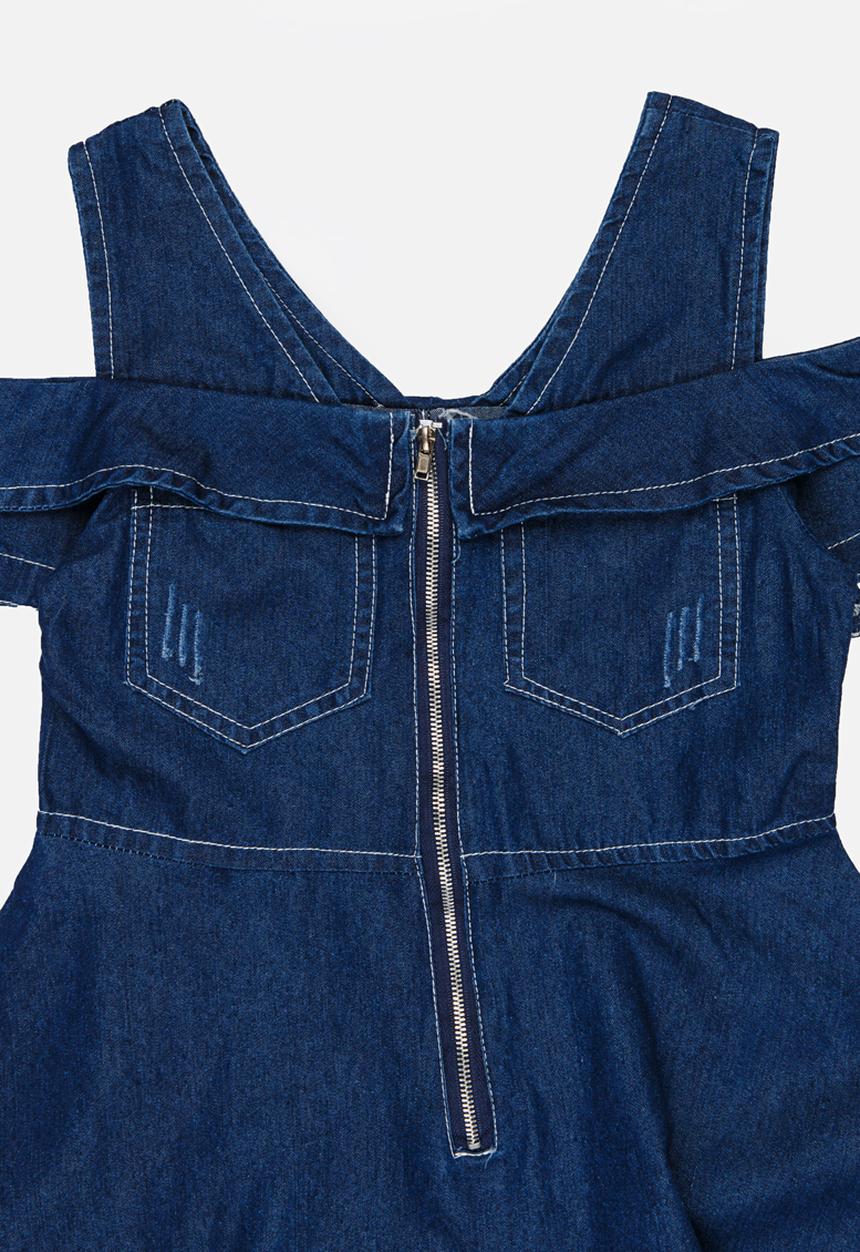 Pop Candy - Cold Shoulder Denim Dress Dark Blue
