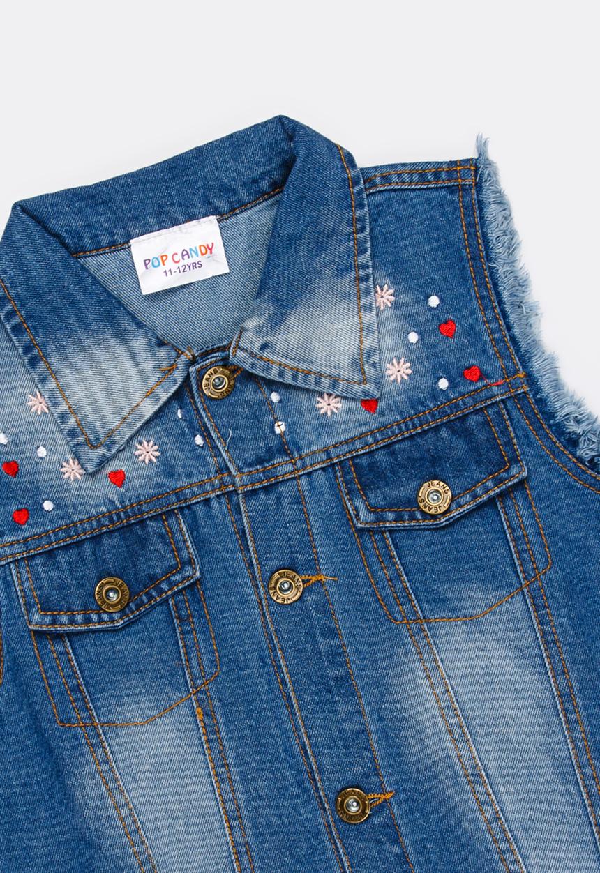 Pop Candy - Frayed Sleeveless Denim Jacket Blue