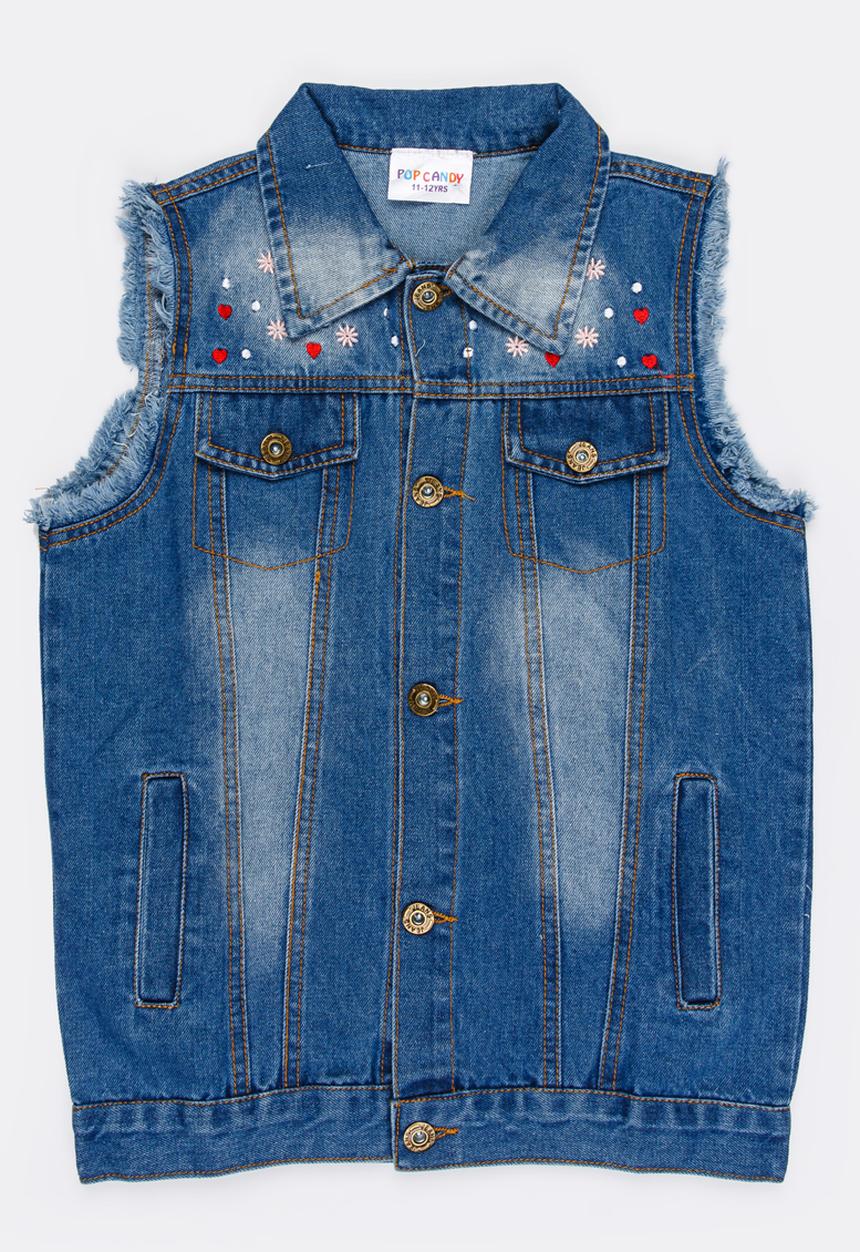 Pop Candy - Frayed Sleeveless Denim Jacket Blue