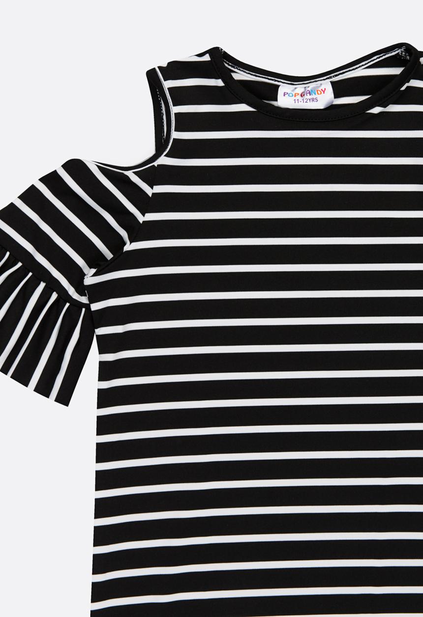 Pop Candy - Cold Shoulder Stripe Dress Black
