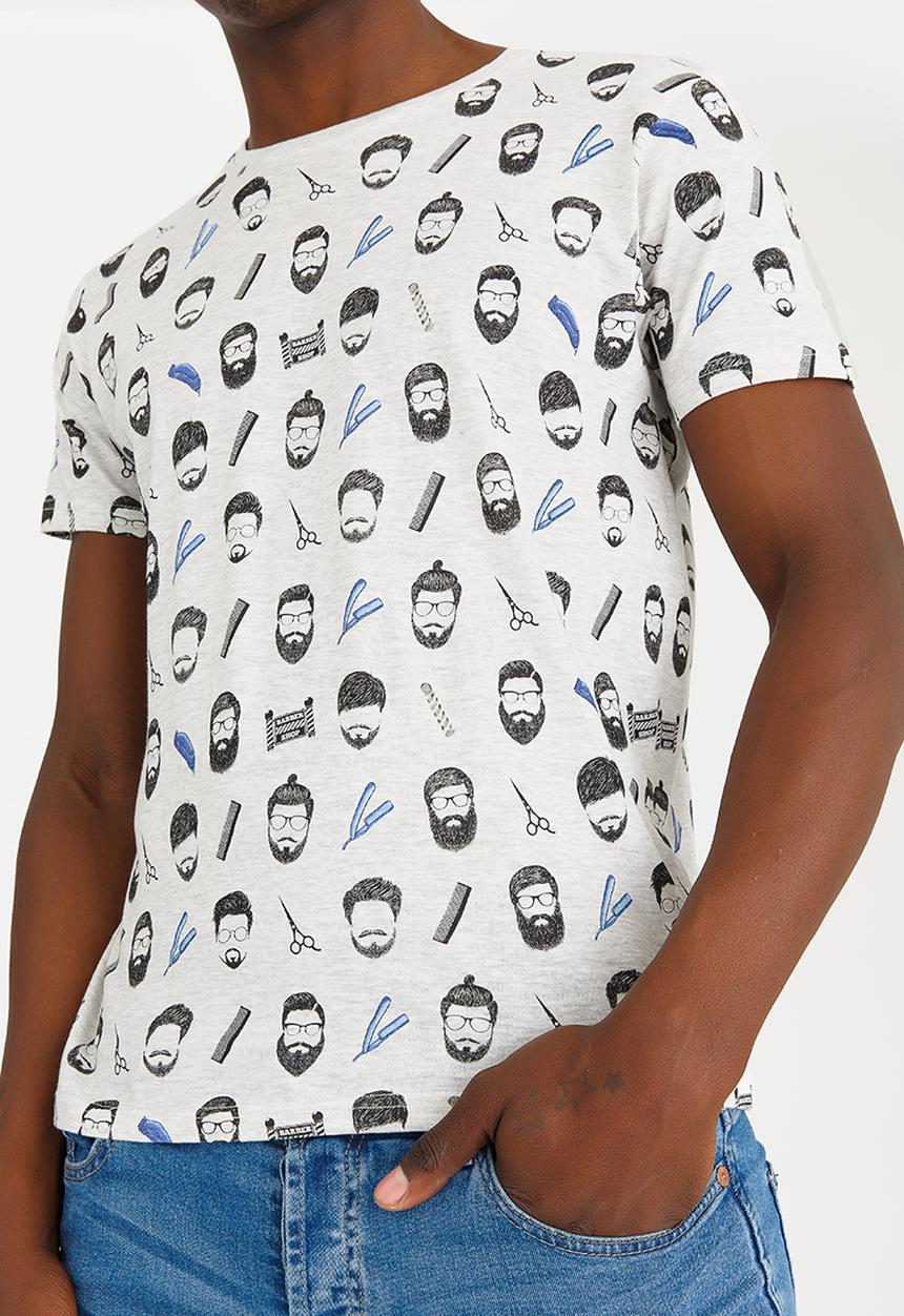 Brave Soul - Barberb All Over Print Crew Neck Tee Grey