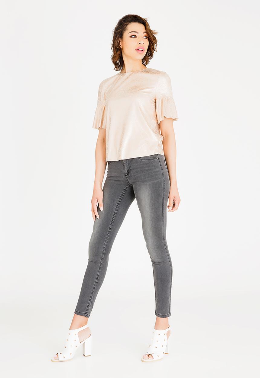 ONLY - Celine short sleeve faux suede frill top - beige