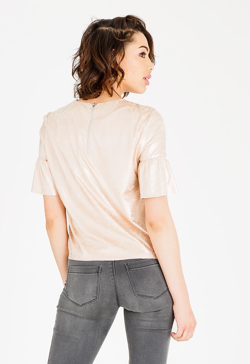 ONLY - Celine short sleeve faux suede frill top - beige