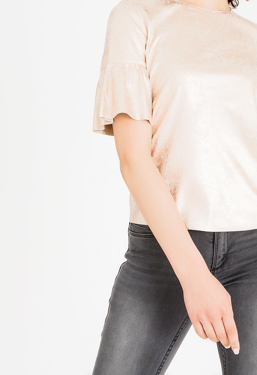 ONLY - Celine short sleeve faux suede frill top - beige