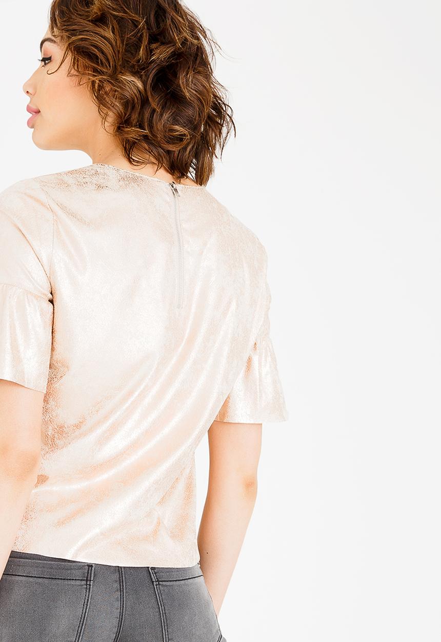 ONLY - Celine short sleeve faux suede frill top - beige