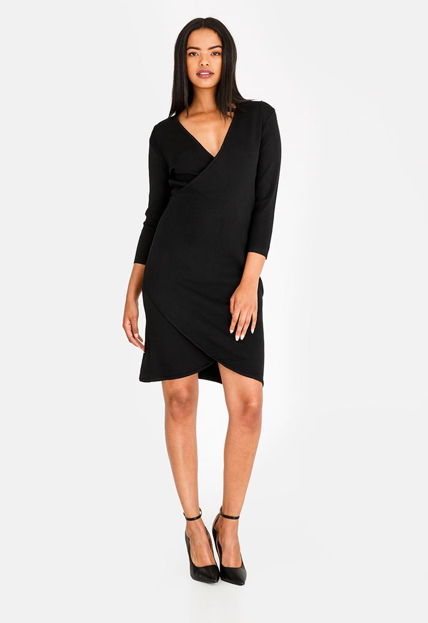 edit - Wrap over semi fitted dress - black 