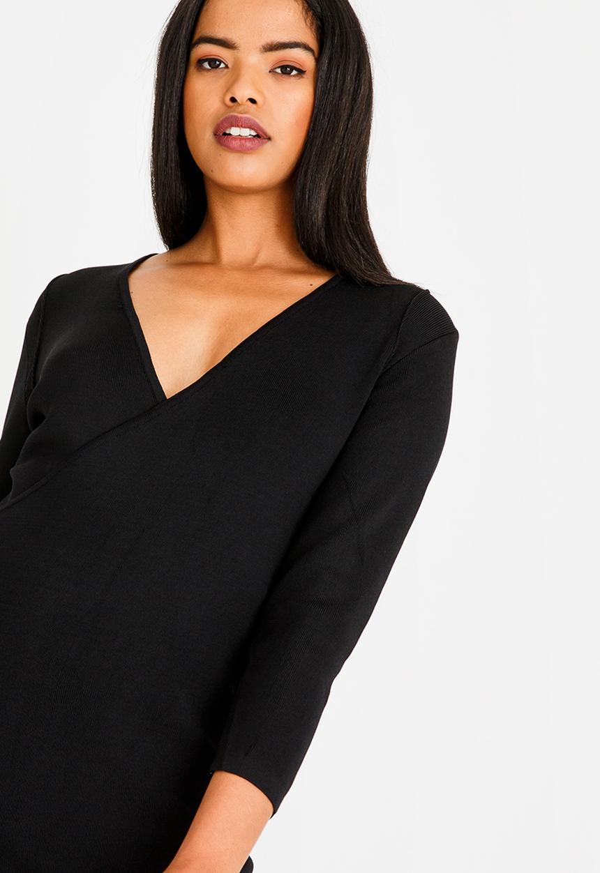 edit - Wrap over semi fitted dress - black 