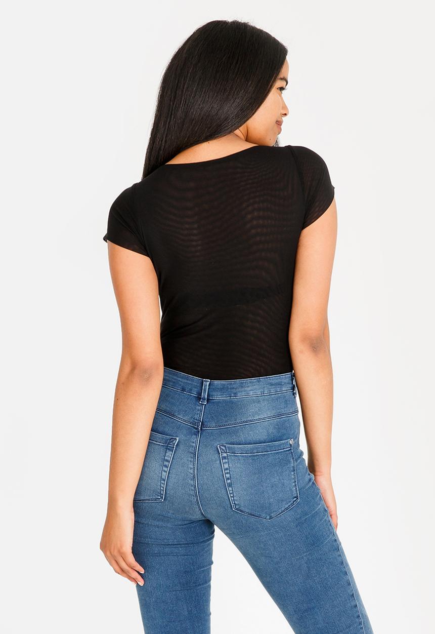 Leigh Schubert - Kitty cap sleeve mesh bodysuit - black