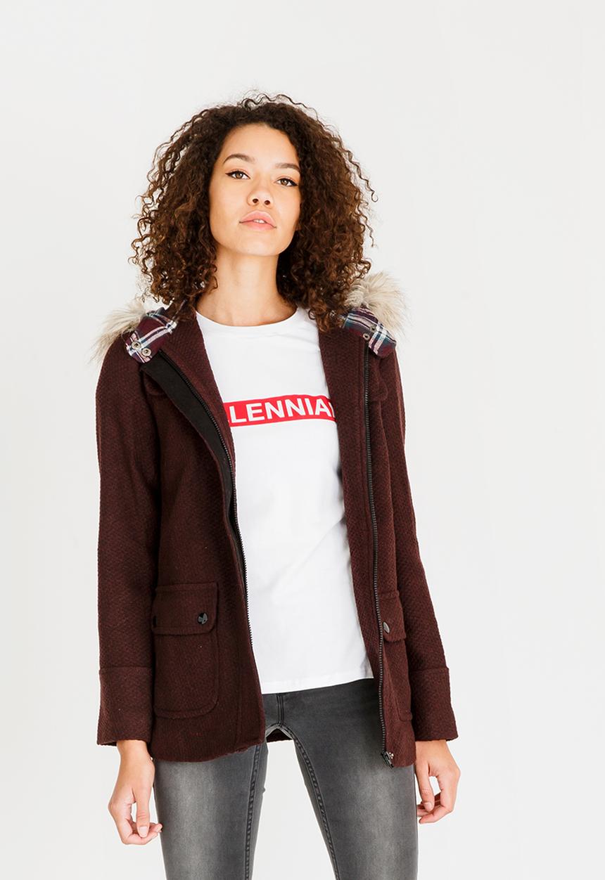 c(inch) - Faux Fur Trim Hooded Coat Burgundy