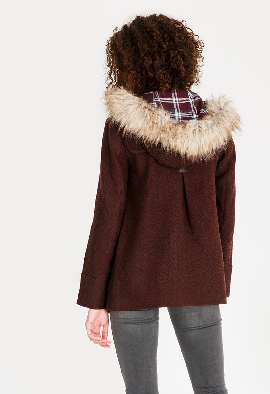 c(inch) - Faux Fur Trim Hooded Coat Burgundy
