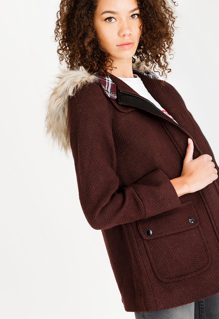 c(inch) - Faux Fur Trim Hooded Coat Burgundy