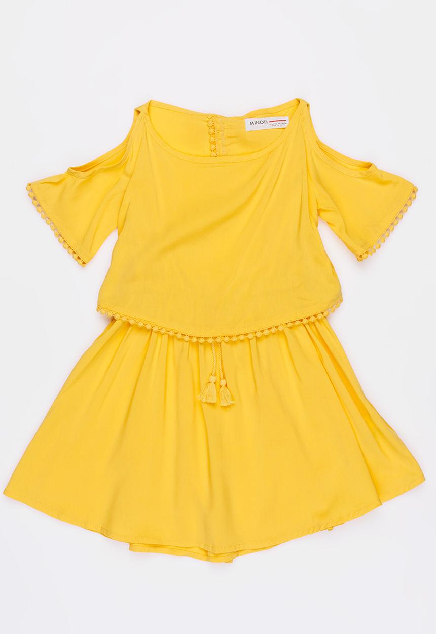 MINOTI - Jungle Cold Shoulder Pom-Pom Dress Yellow