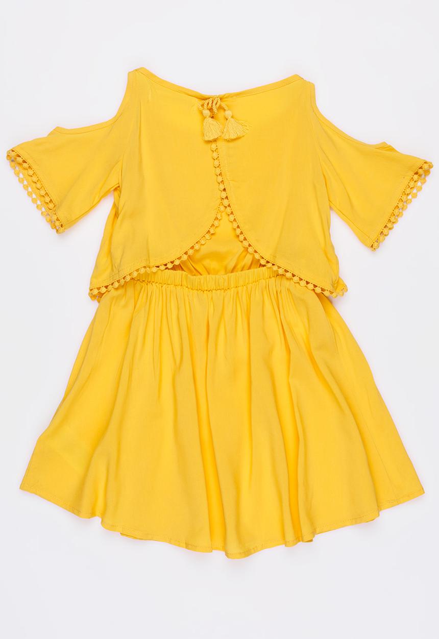MINOTI - Jungle Cold Shoulder Pom-Pom Dress Yellow