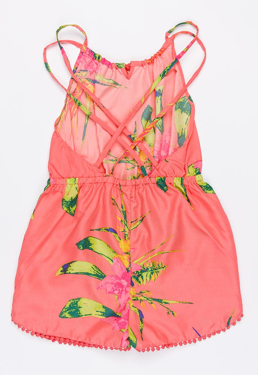 MINOTI - Jungle Printed Tassel Playsuit with Crossover Stra Coral