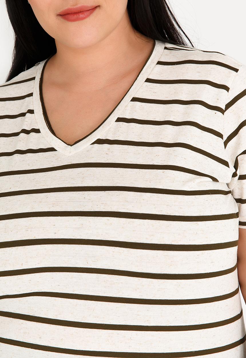 JEEP - Striped V-neck Tee Stone