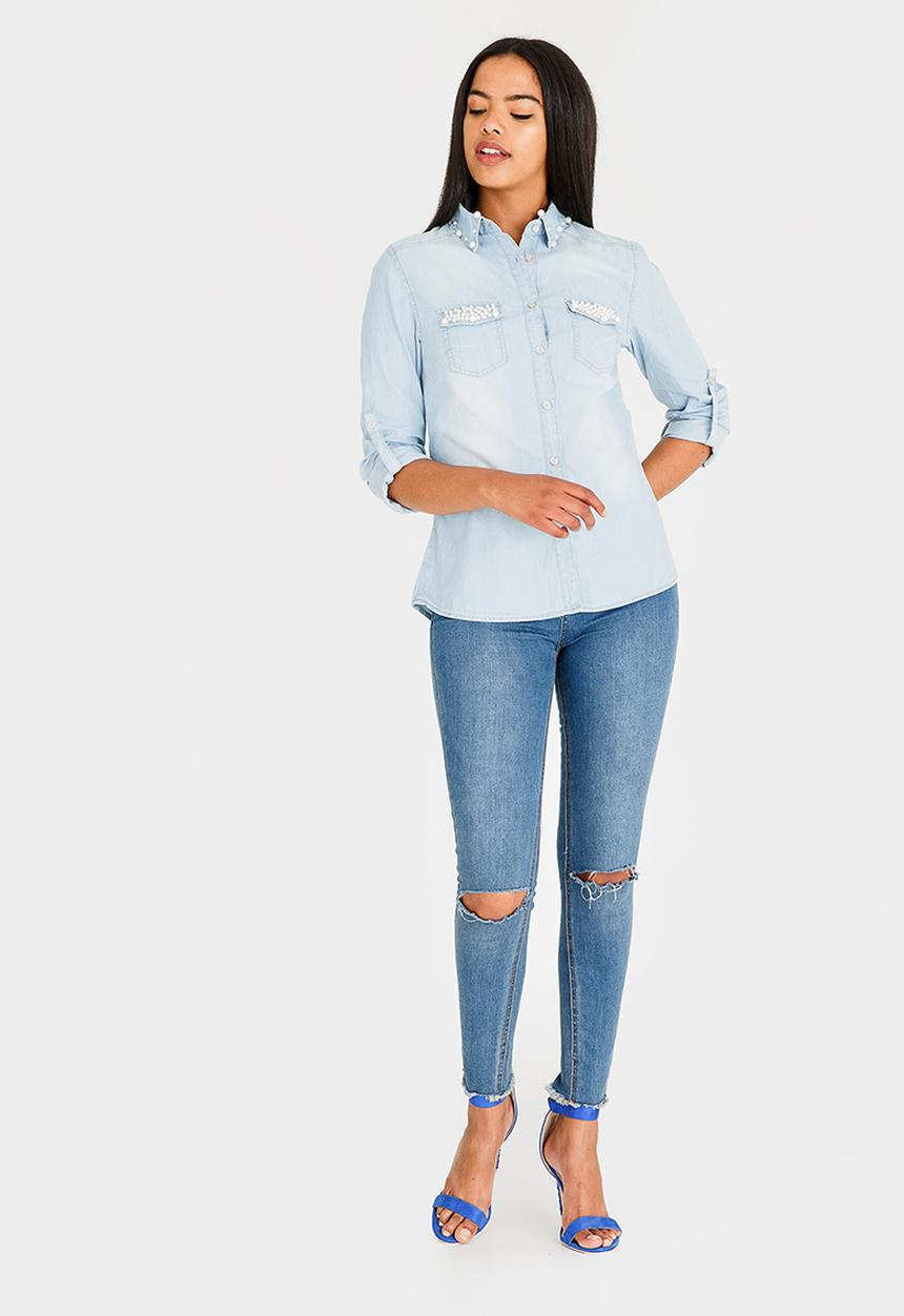 Revenge - Pearl Pocket & Collar Denim Shirt Blue